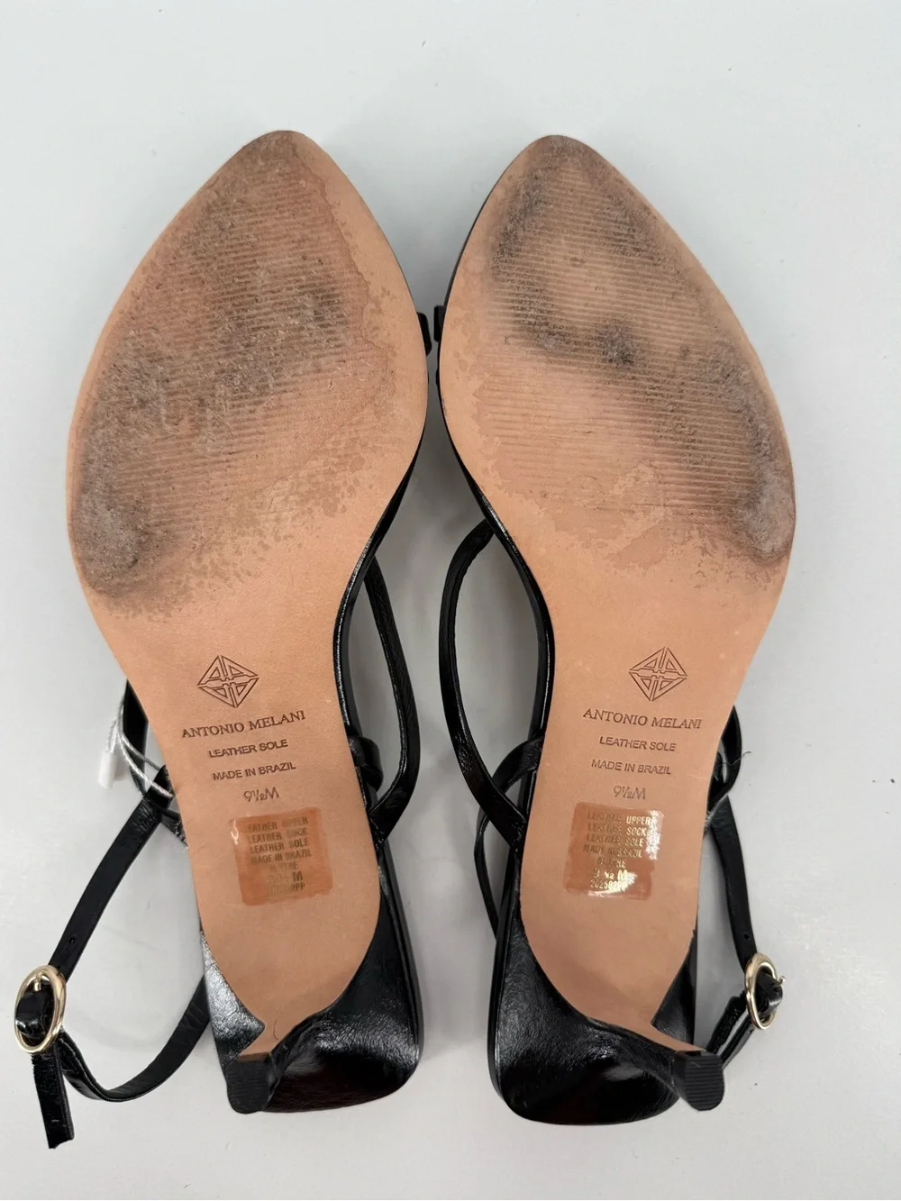 ANTONIO MELANI Black Strappy Pointed Toe Slingback Heels with Gold Accent